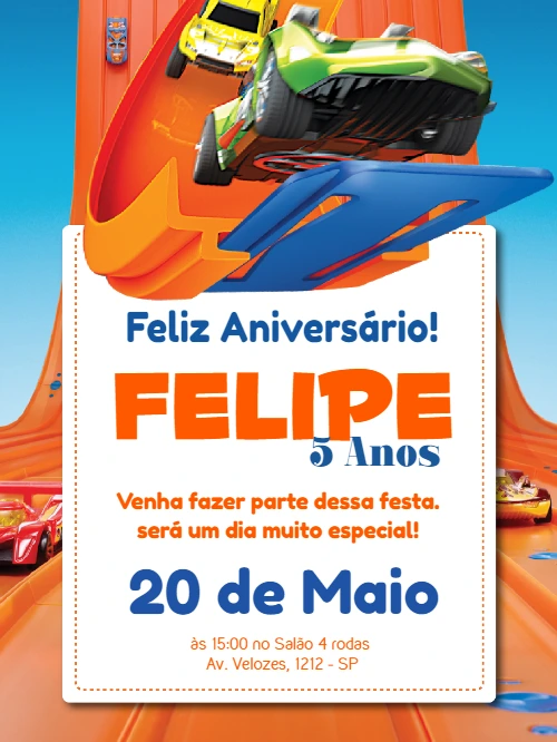 Convite de Aniversário Hot Wheels para Editar Online