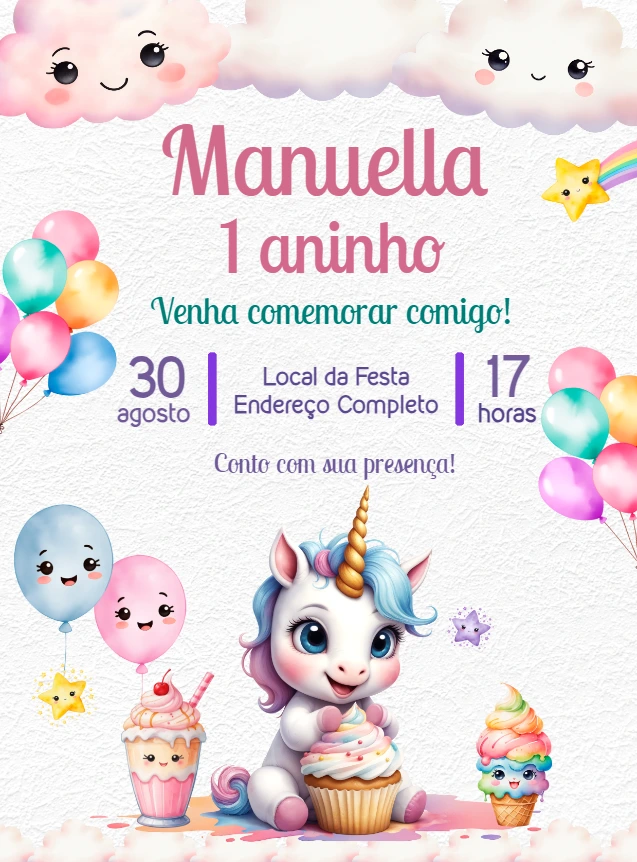Convite Aniversário Unicórnio Fofo para Editar Online