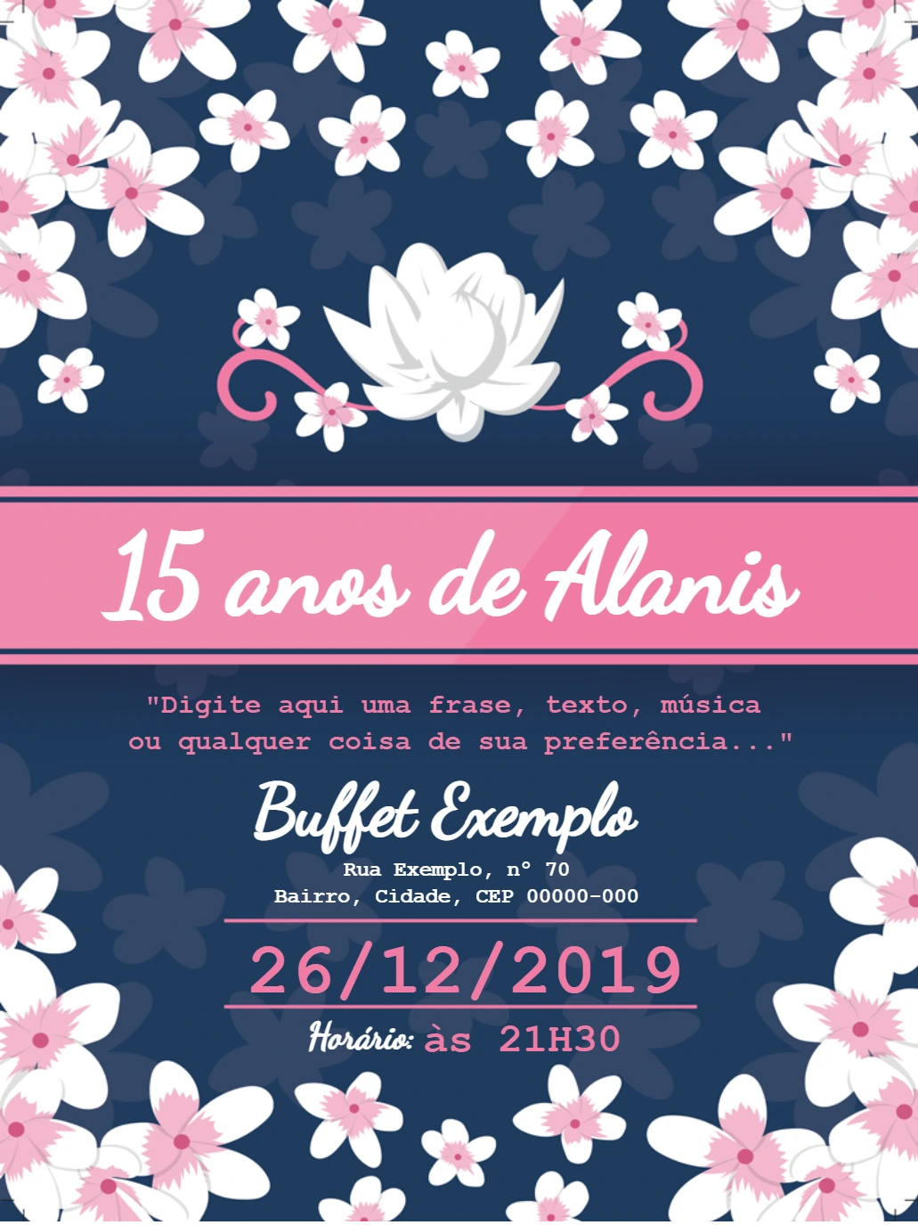 Convite de 15 Anos Tema Sakura Floral para Editar Online