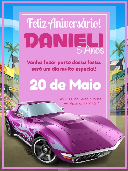 Convite de Aniversário Hot Wheels Rosa para Editar Online