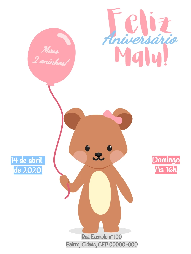 Convite Aniversário Ursinha Menina Fofa para Editar Online