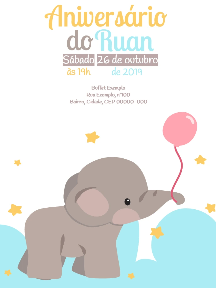 Convite de Aniversário Elefantinho Fofo Editável Online