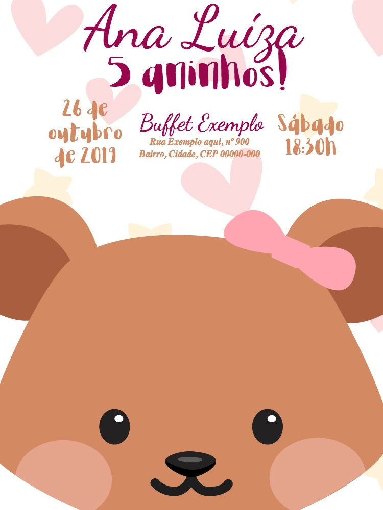 Convite de Aniversário Ursinha Fofa para Editar Online