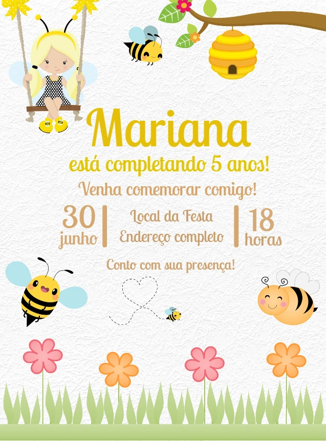 Convite Aniversário Abelhinha com Menina para Editar Online