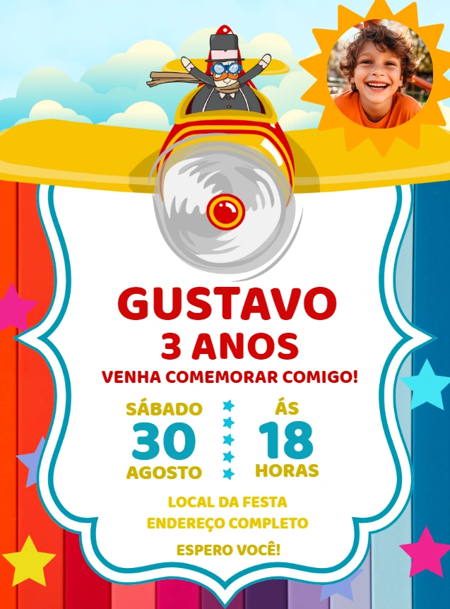 Convite Aniversário Mundo Bita Avião com Foto para Editar Online