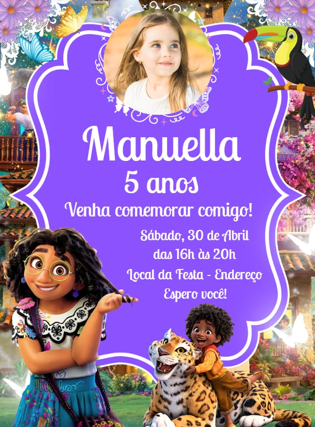 Convite Aniversário Encanto com Foto para Editar Online