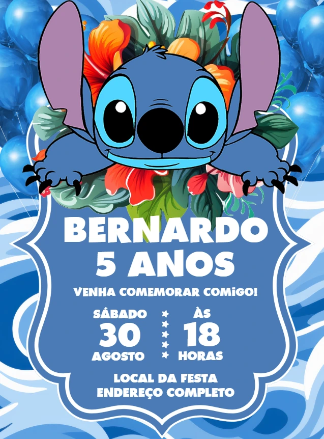Convite de Aniversário Stitch Tropical para Editar Online
