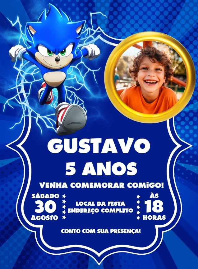 Convite Aniversário Sonic com Foto para Editar Online