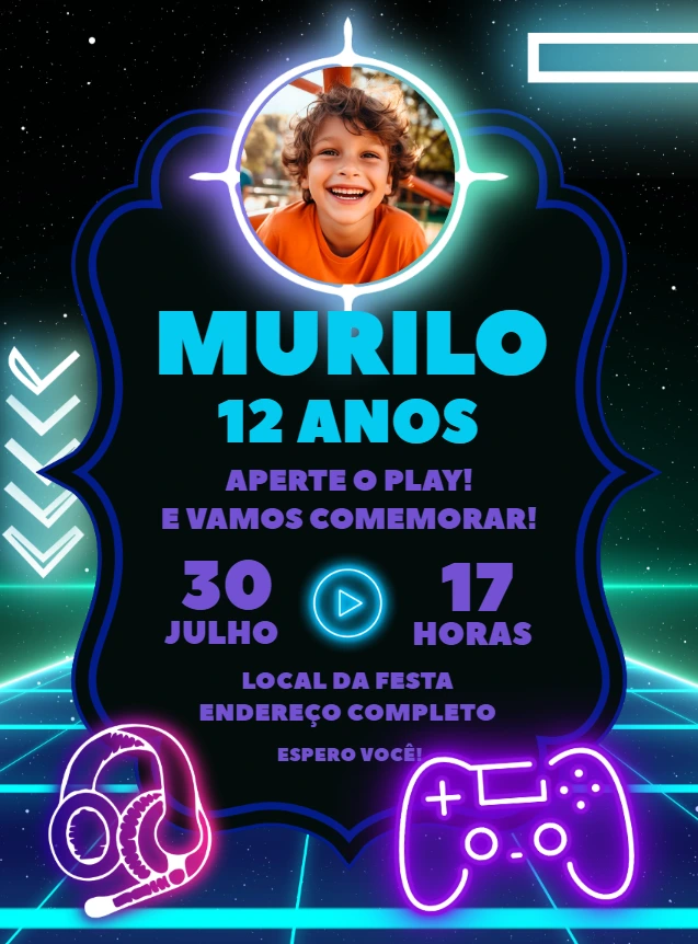 Convite Aniversário Video Game com Foto para Editar Online