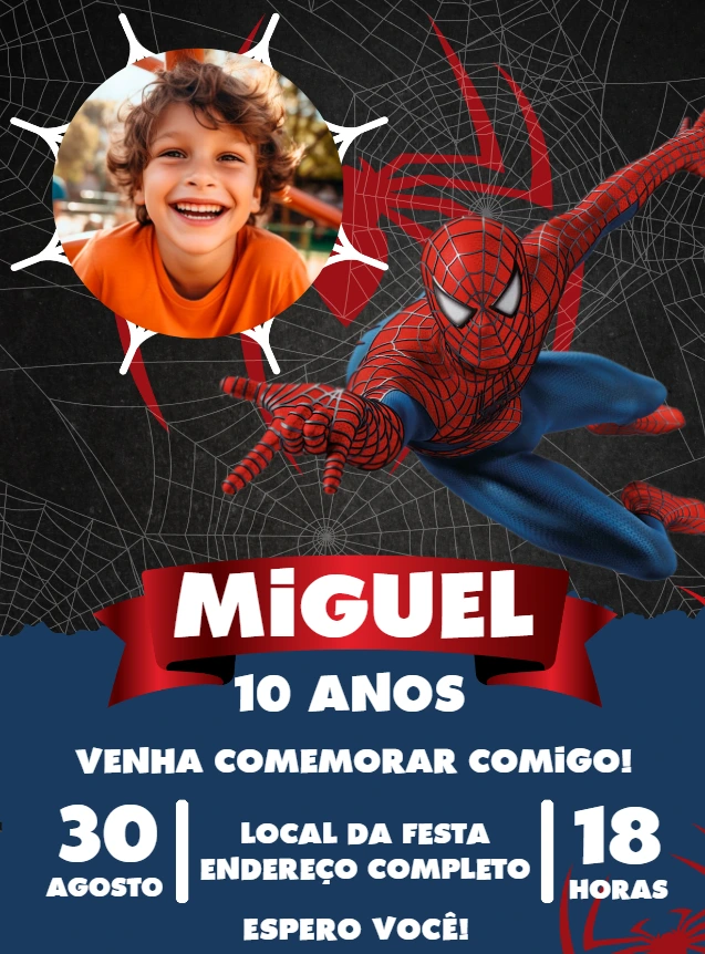 Convite de Aniversário Homem Aranha com Foto para Editar