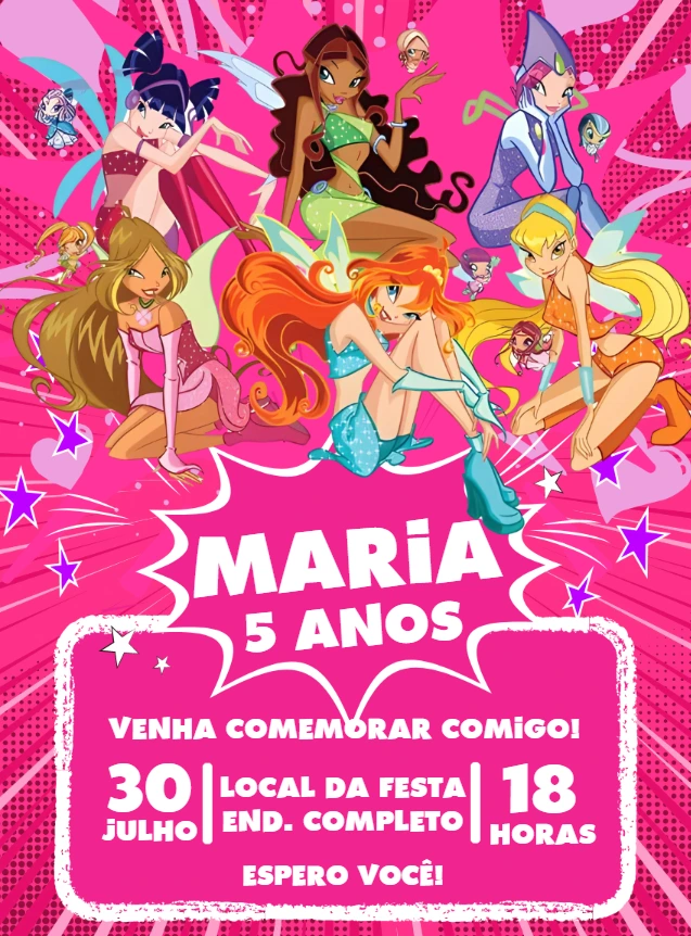 Convite Aniversário Clube das Winx para Editar Online