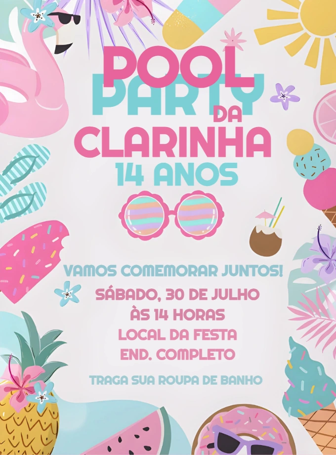 Convite de Aniversário Pool Party Tropical para Editar Online