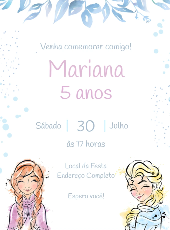 Convite Aniversário Frozen Aquarela para Editar Online
