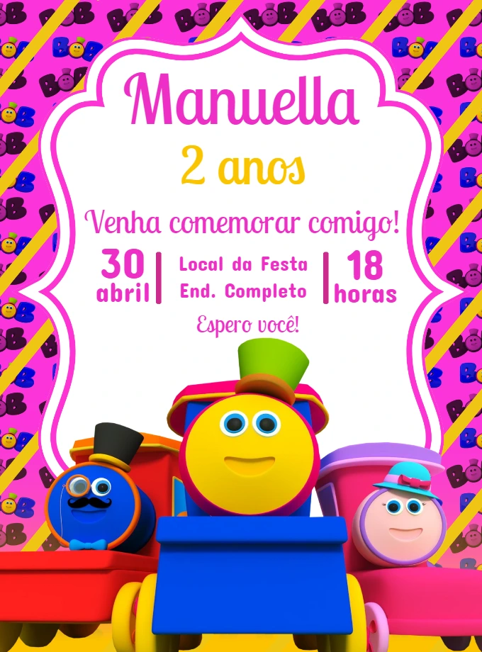 Convite Aniversário Bob o Trem para Editar Online