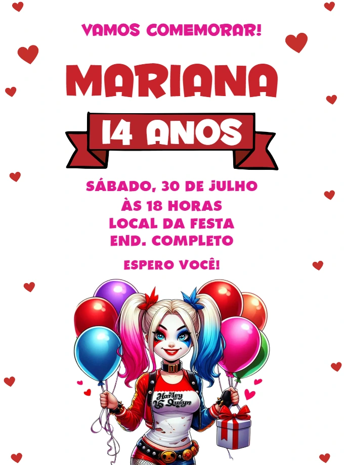 Convite Aniversário Arlequina com Personagem para Editar Online
