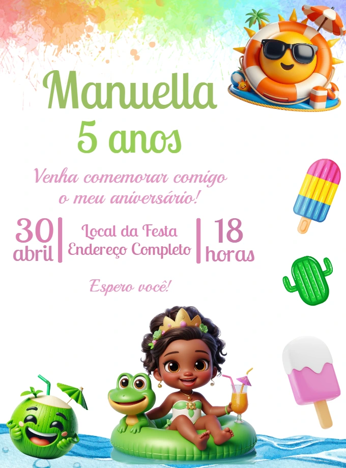 Convite Aniversário Princesa Tiana Baby Pool Party para Editar