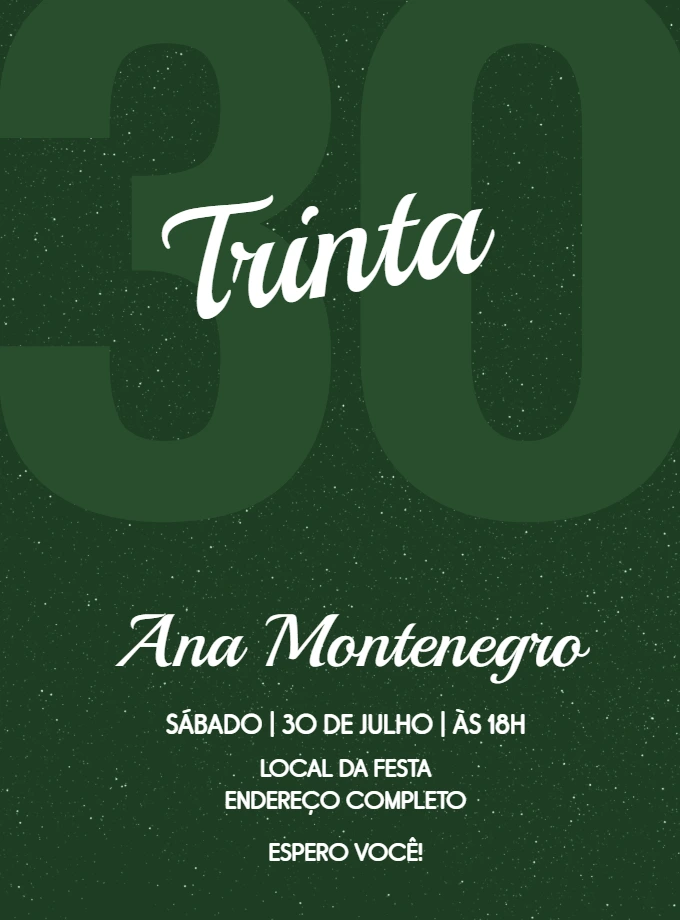 Convite de Aniversário 30 Anos Verde Minimalista para Editar