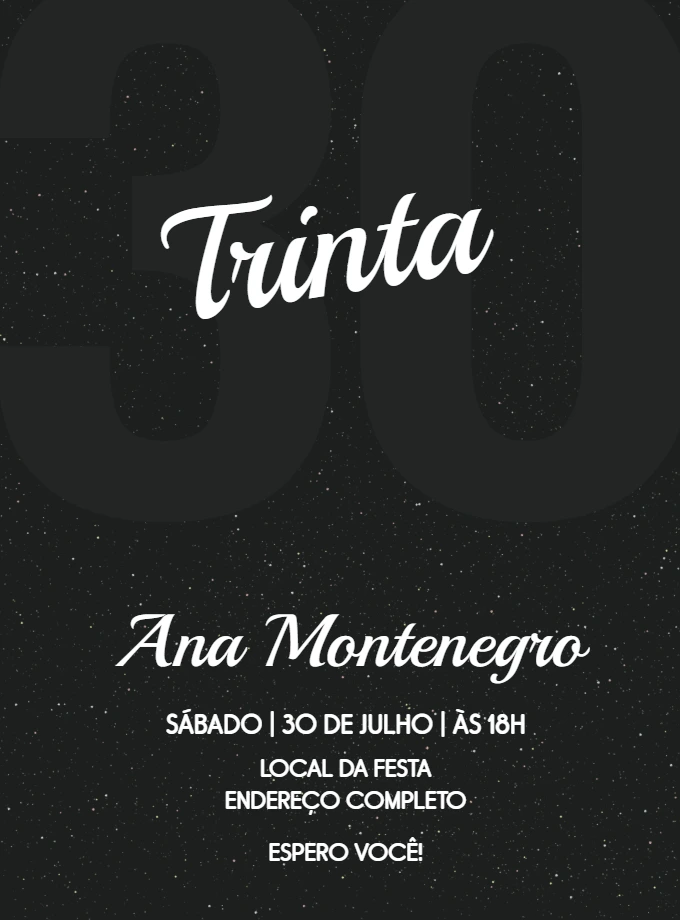 Convite Aniversário 30 Anos All Black para Editar Online