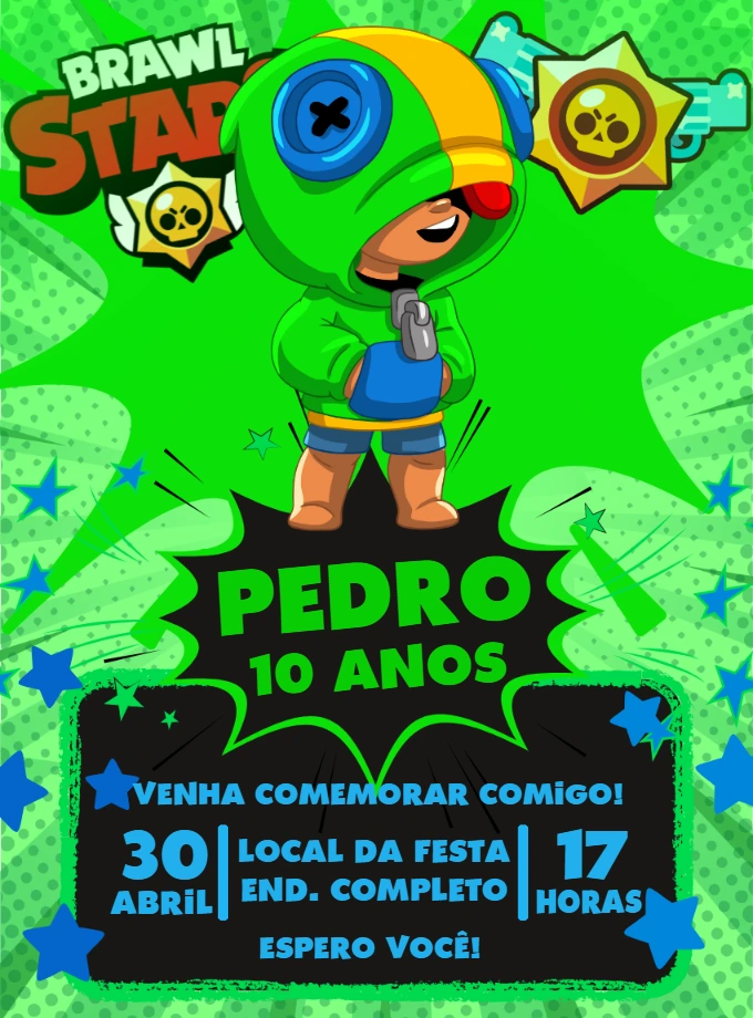 Convite Aniversário Brawl Stars Leon para Editar Online