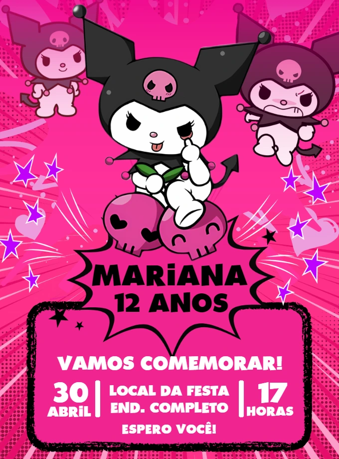 Convite de Aniversário Kuromi para Editar e Enviar Online