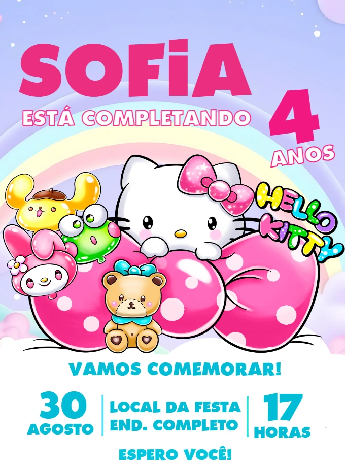 Convite Aniversário Hello Kitty e Amigos para Editar Online