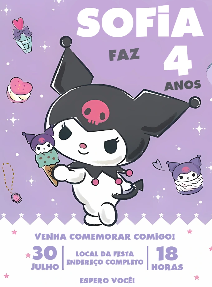 Convite de Aniversário Kuromi Editável Online para Imprimir