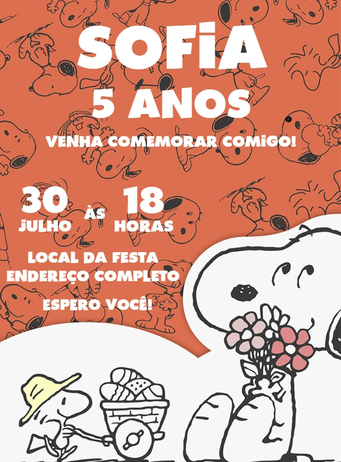 Convite Aniversário Snoopy Editável para Personalizar Online