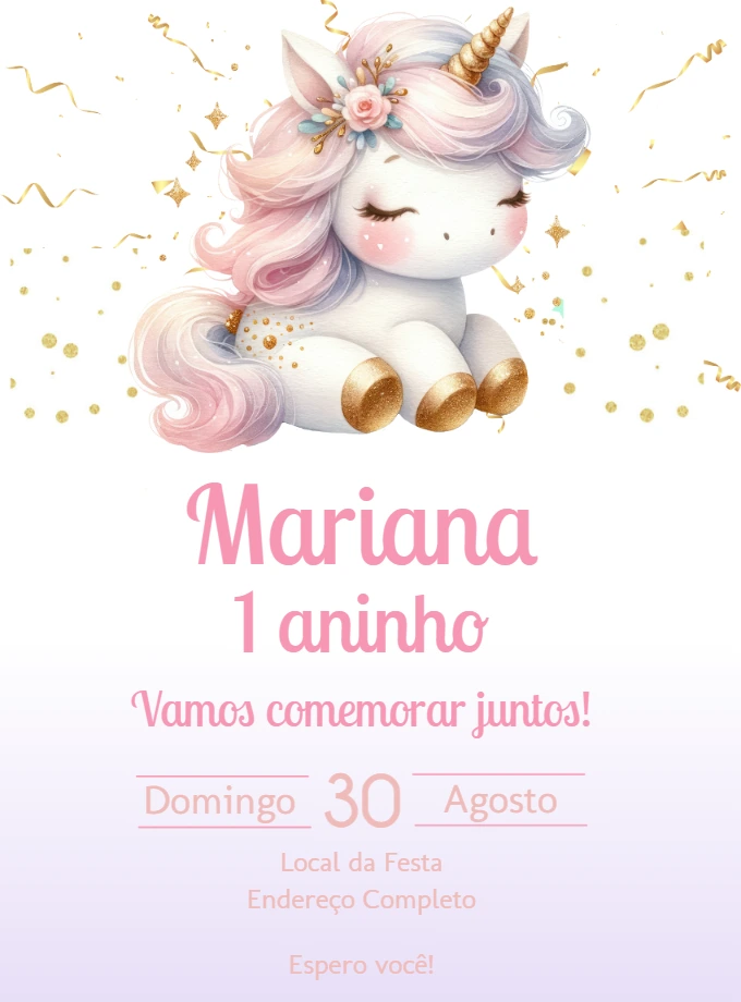 Convite de Aniversário Unicórnio Fofo para Editar Online