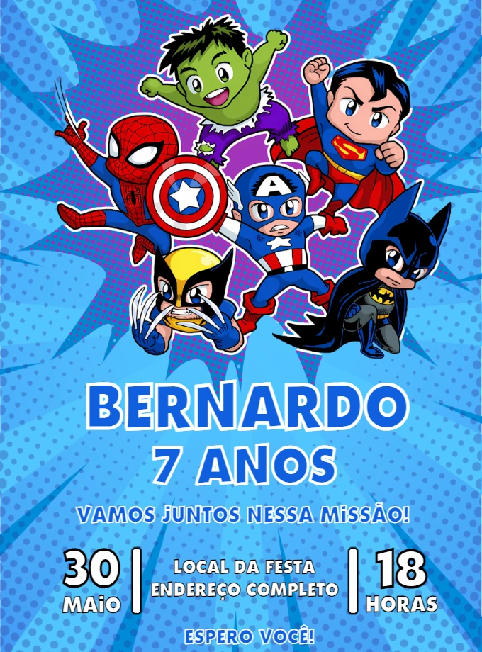 Convite de Aniversário Super Heróis para Editar Online