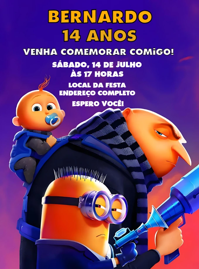 Convite de Aniversário Meu Malvado Favorito 4 Editável Online