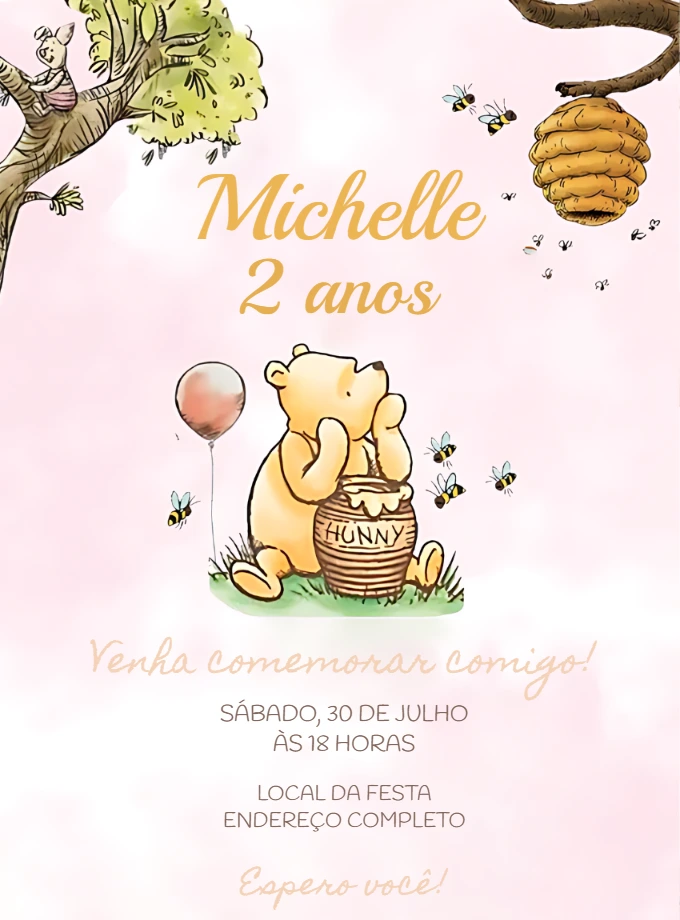 Convite Aniversário Ursinho Pooh Clássico para Editar Online