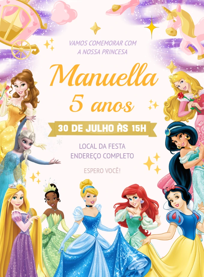 Convite de Aniversário Princesas da Disney para Editar Online