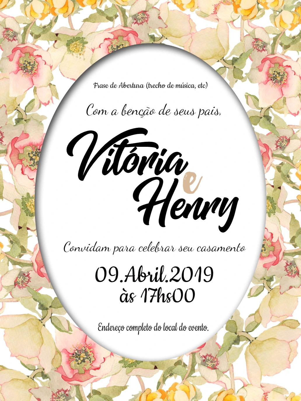 Convite de Casamento Floral com Aquarela para Editar Online