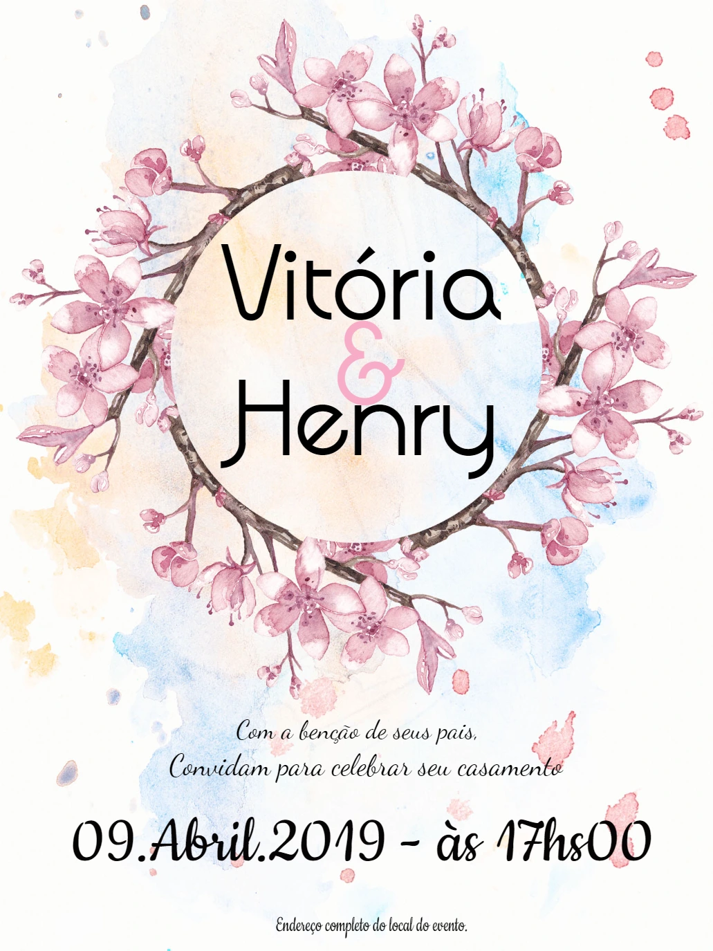 Convite de Casamento Floral Cerejeira Aquarela para Editar