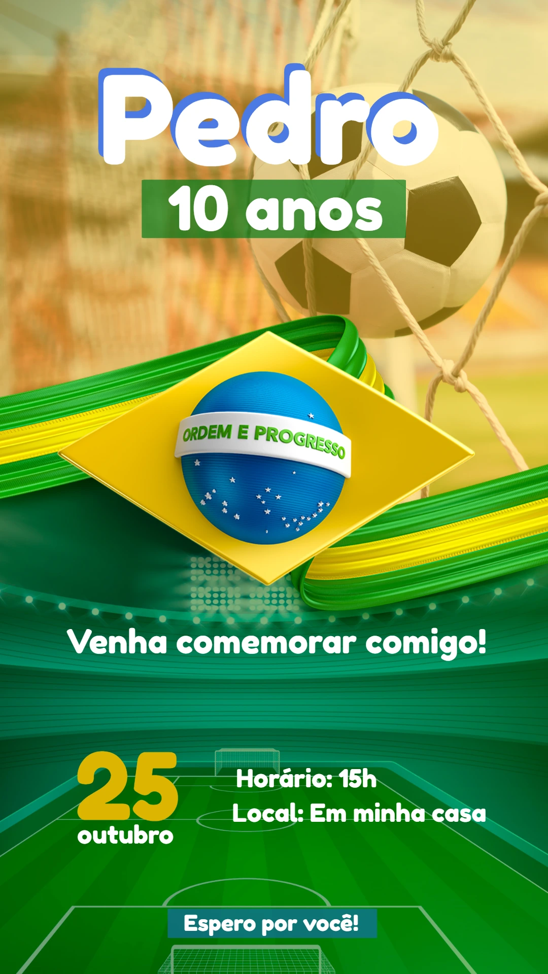 Convite de Aniversário Futebol Tema Brasil para Editar Online