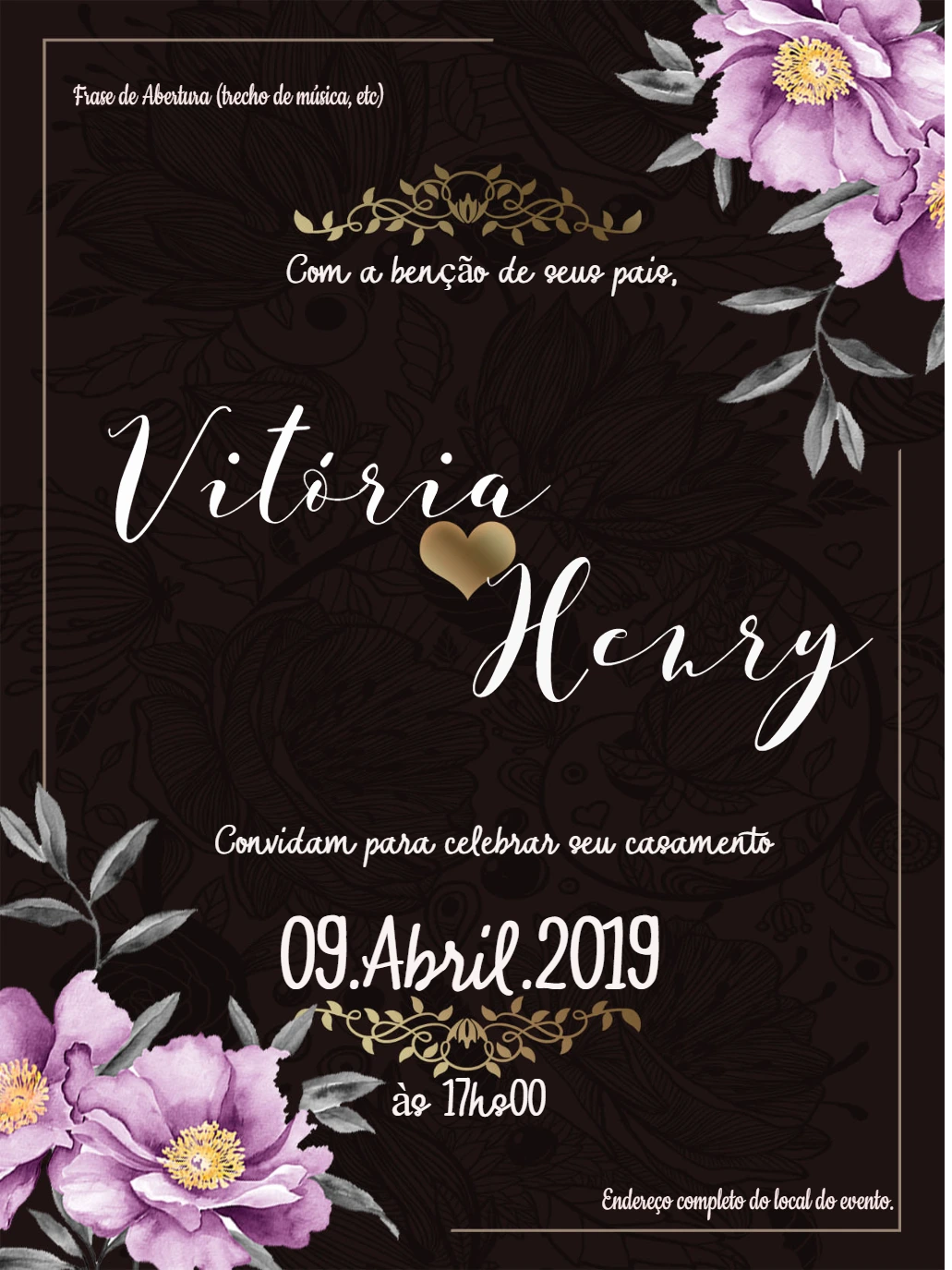 Convite de Casamento Floral Elegante com Fundo Preto para Editar