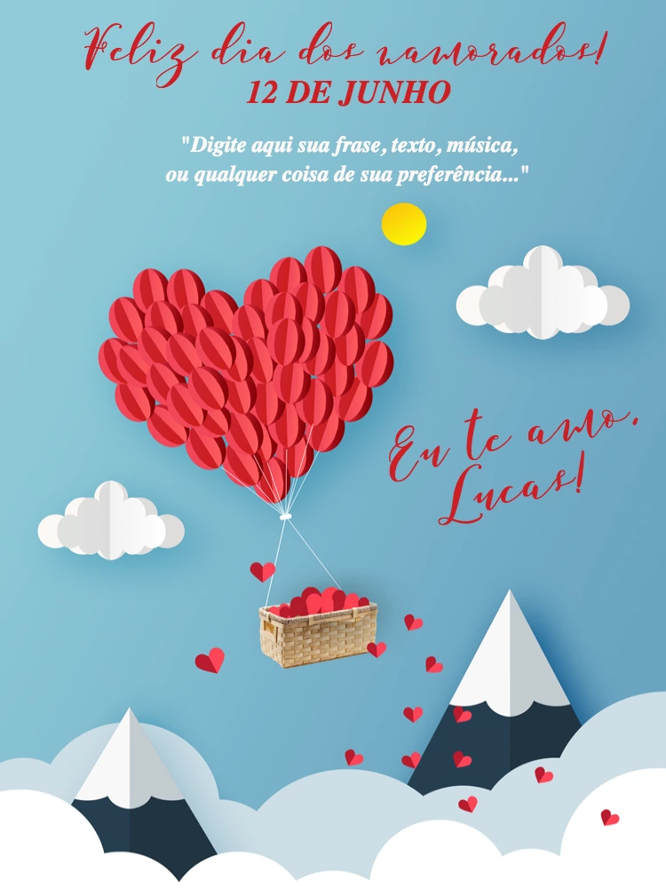 Cartão Dia dos Namorados com Balão de Coração para Editar