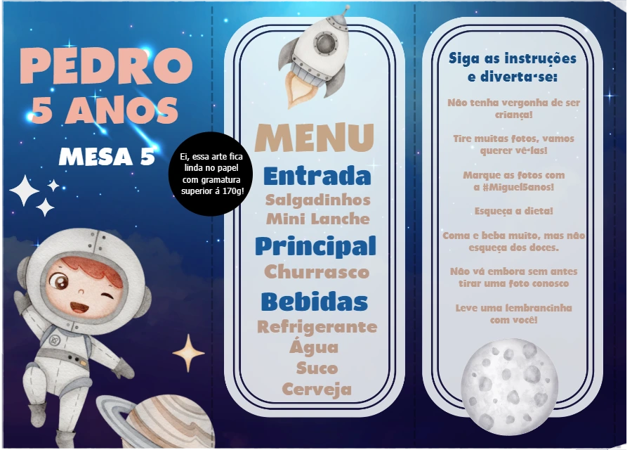 Menu de Mesa Astronauta para Festa Infantil Editável Online