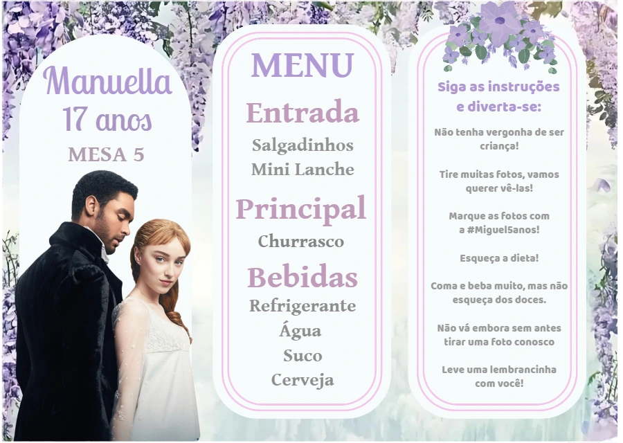 Cardápio Tema Bridgerton para Festa Editável Online
