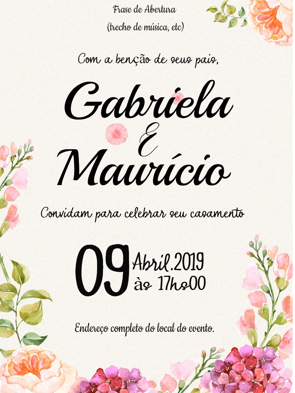 Convite de Casamento Floral Aquarela para Editar Online