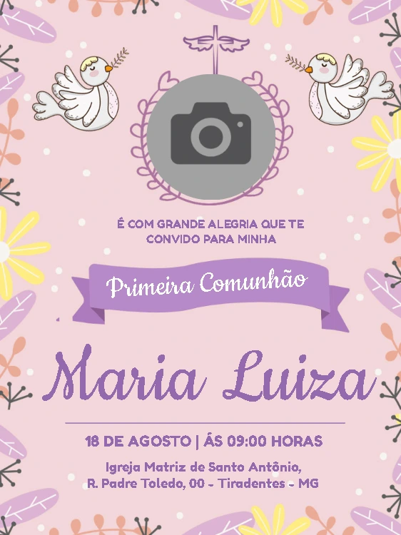 Convite Primeira Comunhão com Foto Delicado para Editar Online