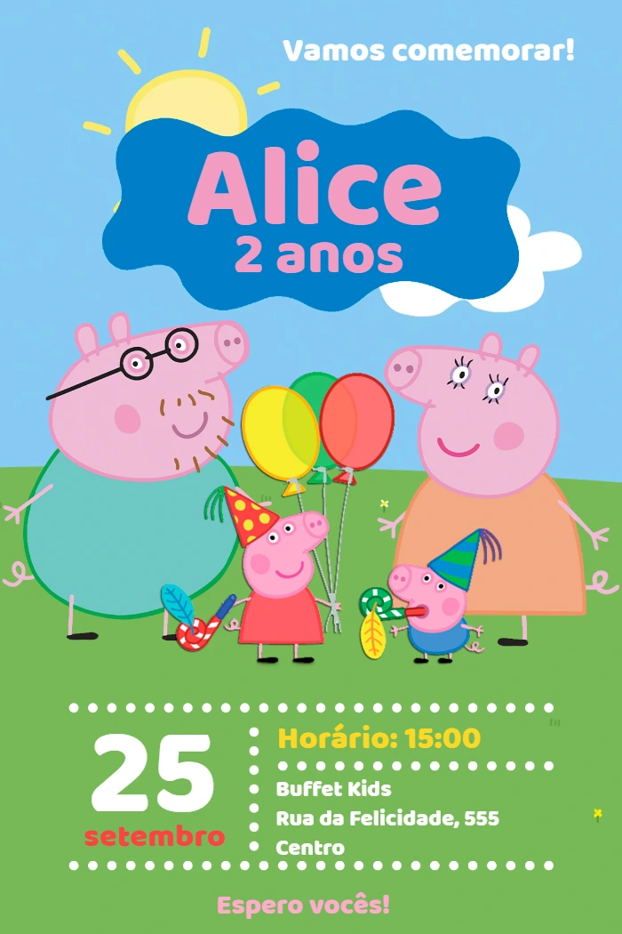 Convite de Aniversário Peppa Pig para Editar Online