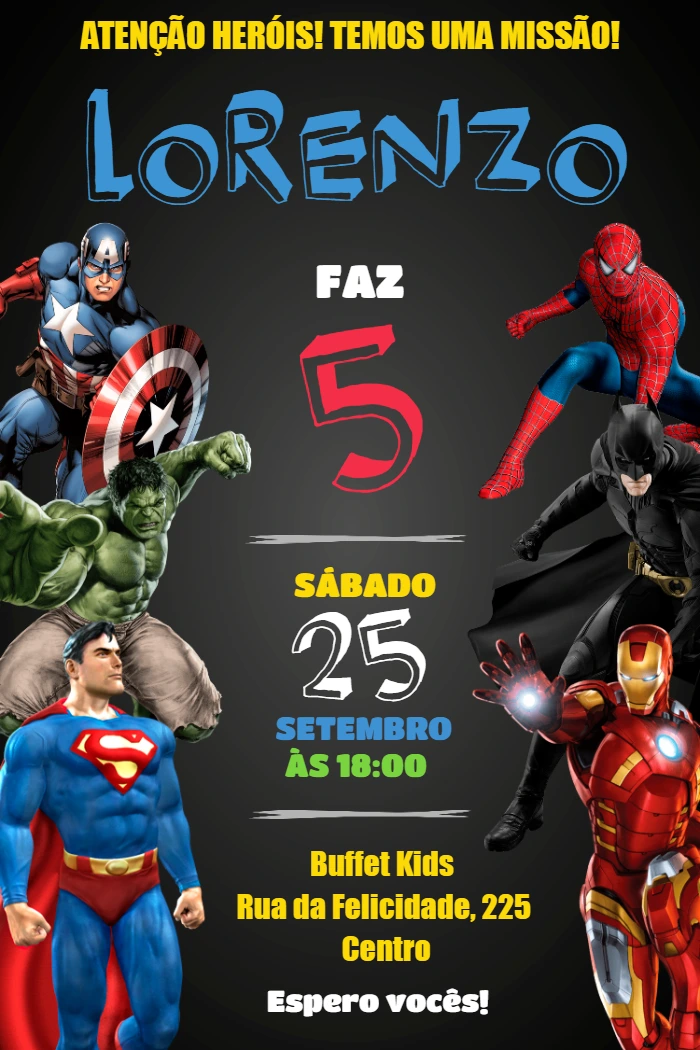 Convite de Aniversário Super-Heróis para Editar Online