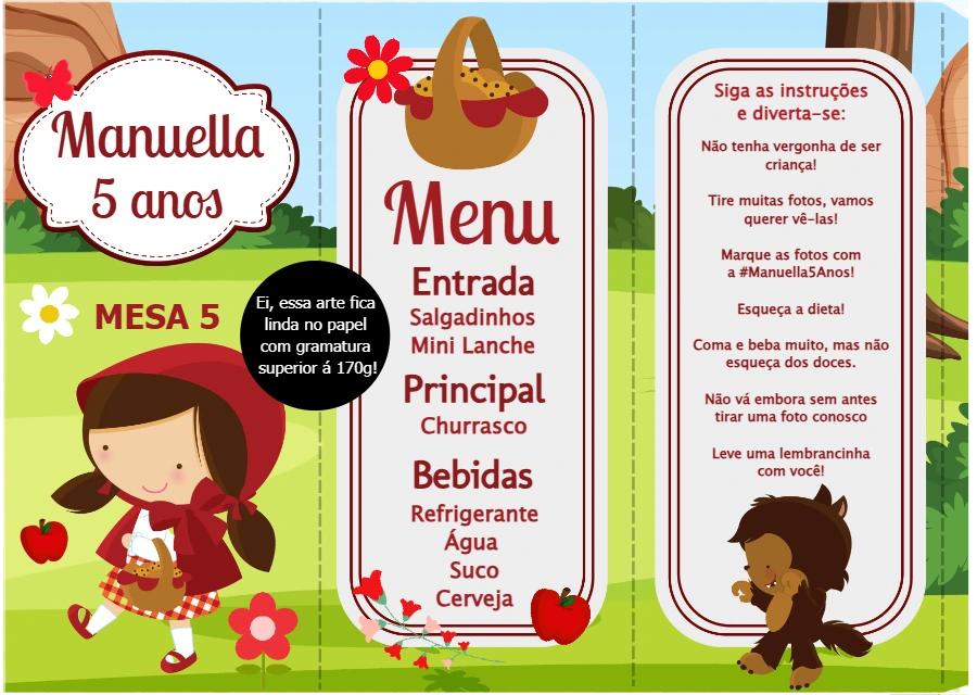 Menu Chapeuzinho Vermelho para Festa Infantil para Editar