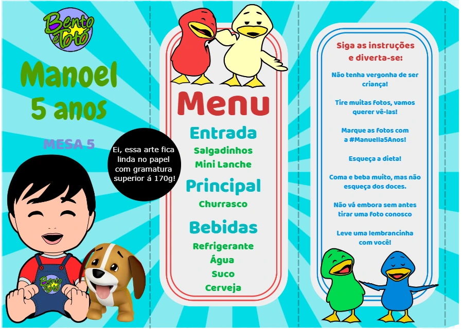 Menu de Aniversário Bento e Totó para Editar Online