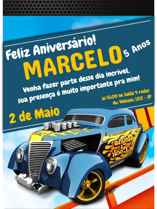 Convite de Aniversário Hot Wheels Carros para Editar Online