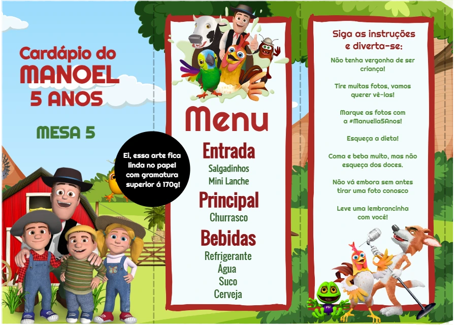Cardápio de Aniversário Tema Fazendinha para Editar Online