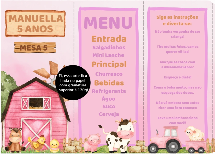 Menu de Mesa Fazendinha Rosa para Editar e Imprimir