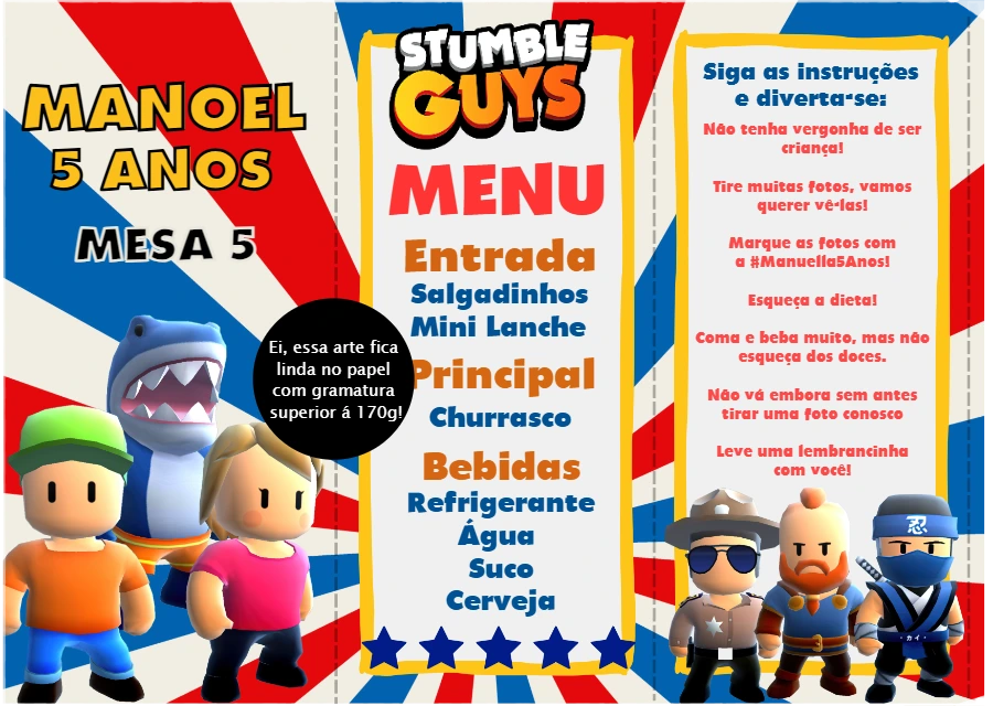 Cardápio de Mesa Stumble Guys para Aniversário para Editar Online