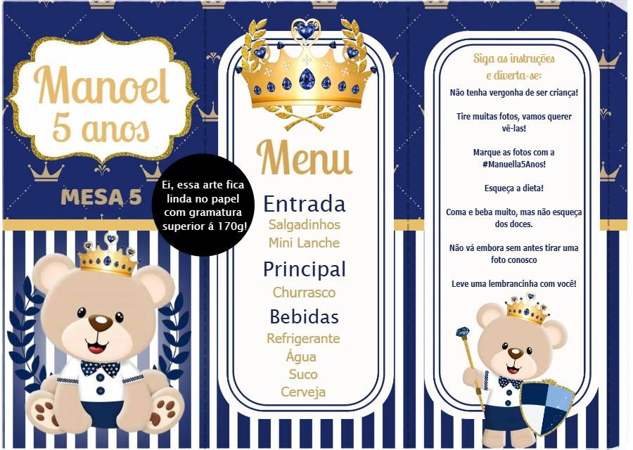 Cardápio Festa Ursinho Príncipe Realeza para Editar Online